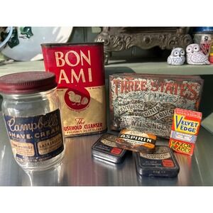 Vintage Advertising EMPTY TINS Lot Bon Ami Three States Tobacco Ex-Lax Aspirin